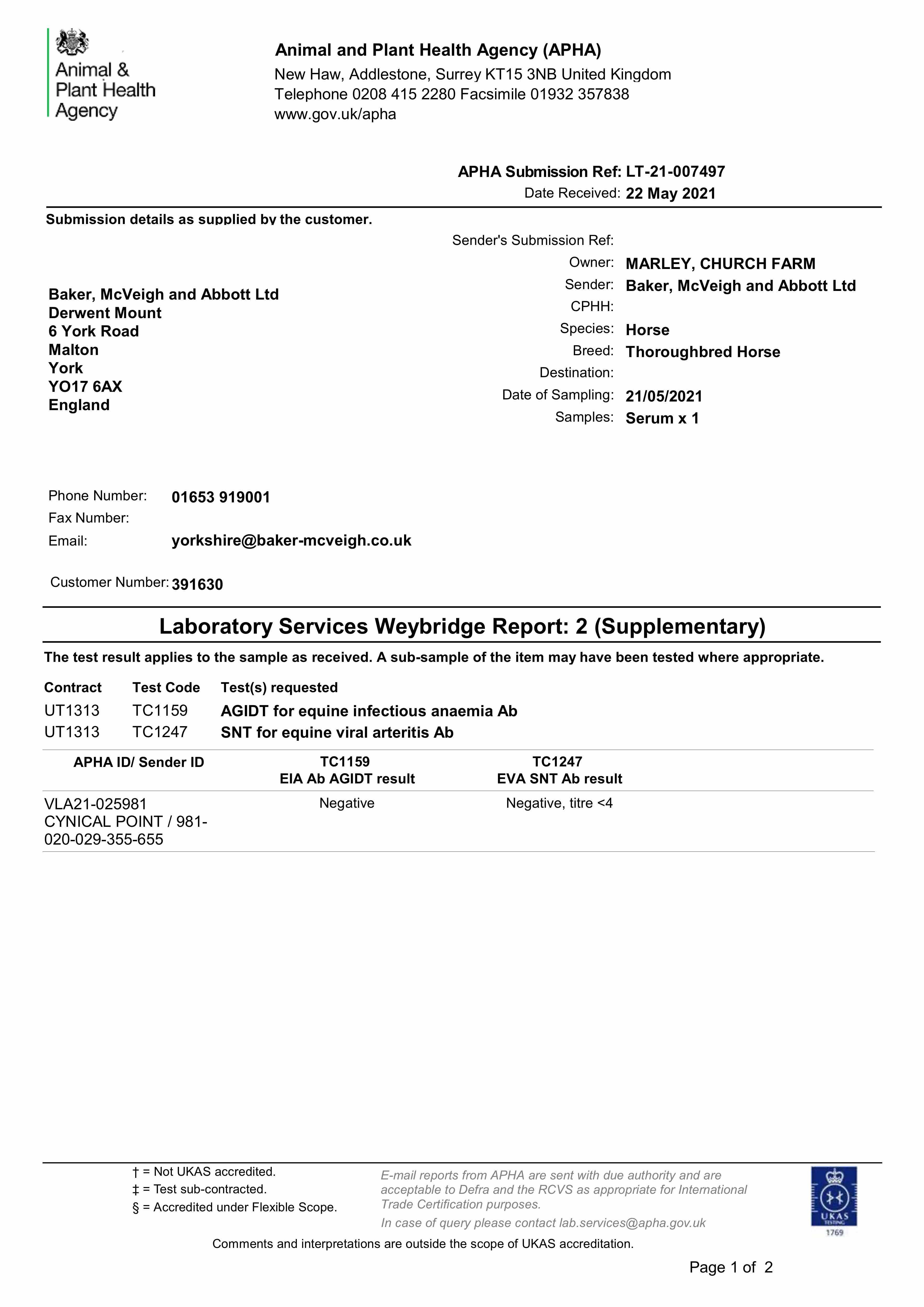 Consignor Church Farm & Horse Park Stud Documentation EVA Certificate p1